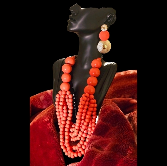 Vintage Tangerine Beaded Necklace & Earring Set - Discounted Shipping - Picture 3 of 4